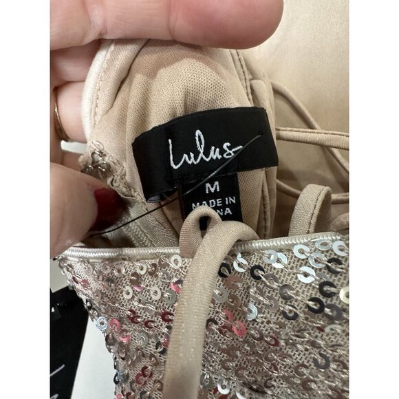 Lulu’s Evenings Of Elegance Dress Medium Champagne Sequin Lace-Up Slit NWT - Picture 10 of 13